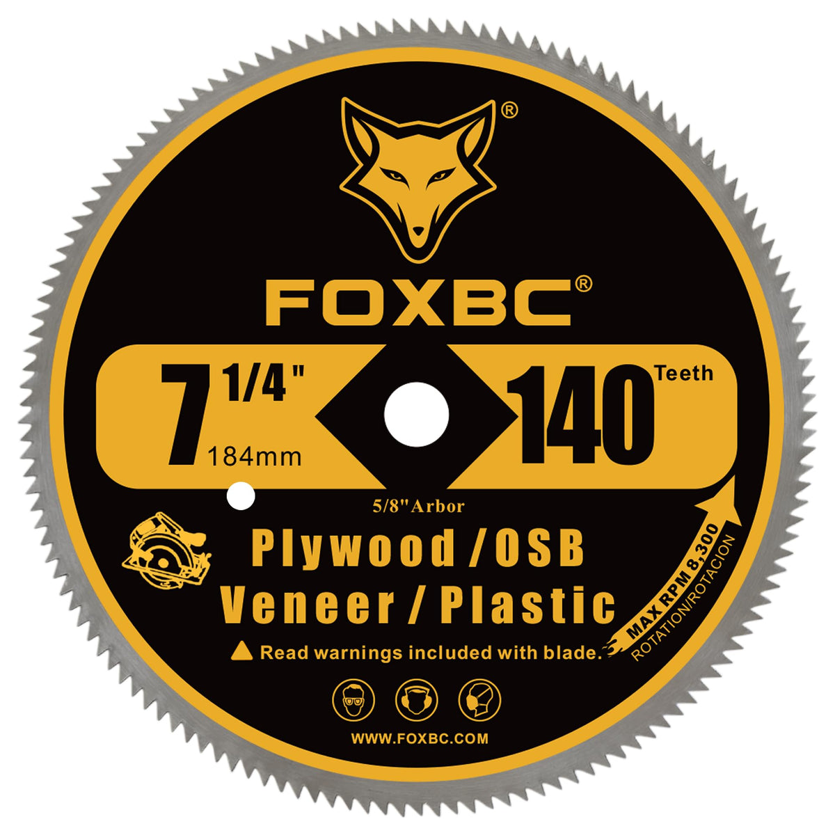 FOXBC 7-1/4 Inch 140 Tooth Fine Finish Carbon Circular Saw Blade for Plywood, OSB, Plastic, Veneer, Vinyl Wood Cutting with 5/8-Inch Diamond Arbor