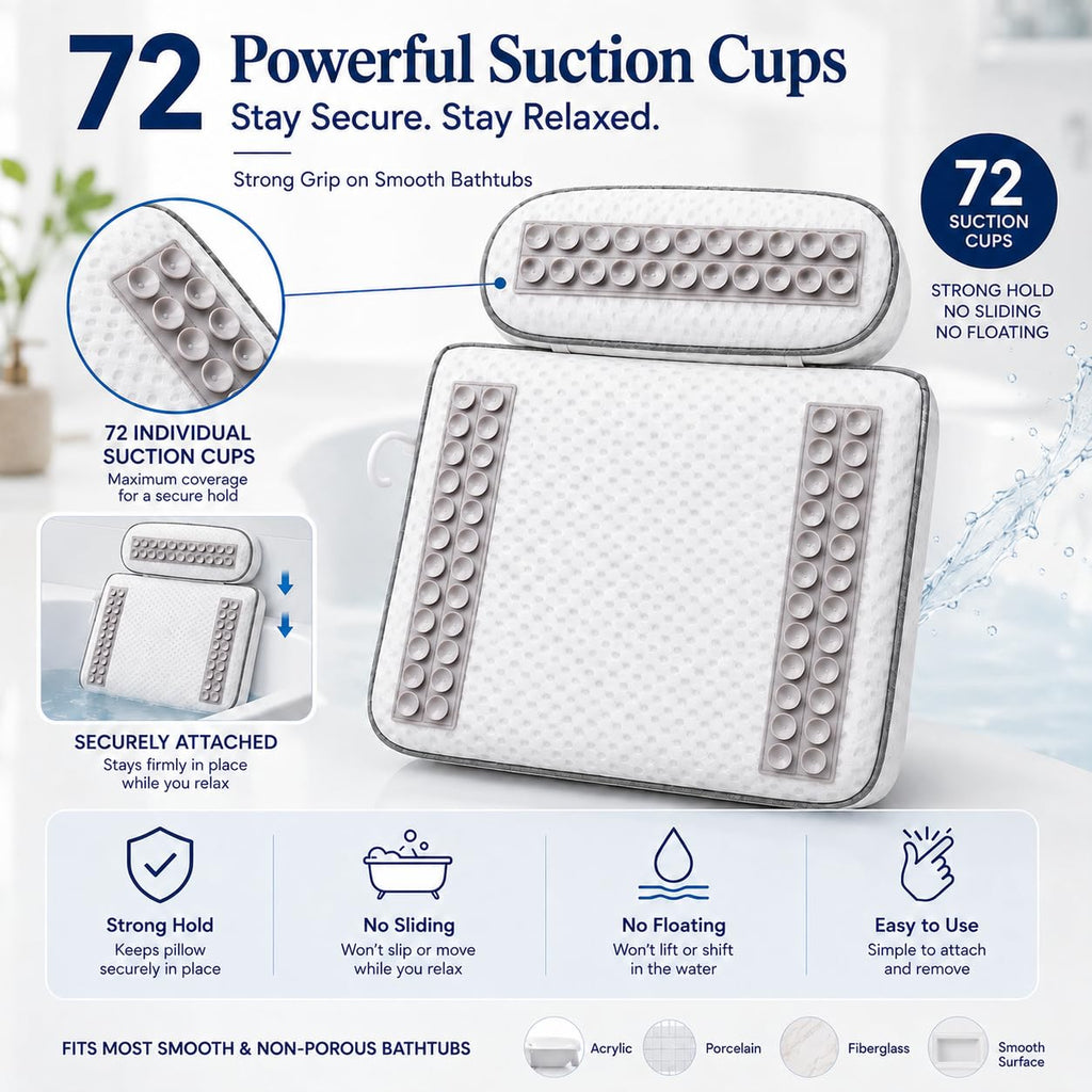 Bath Pillows for Tub, Spa Bath Pillow with 72 Micro-Suction Cup Array, 3D Air Mesh Quick Dry, Machine Washable