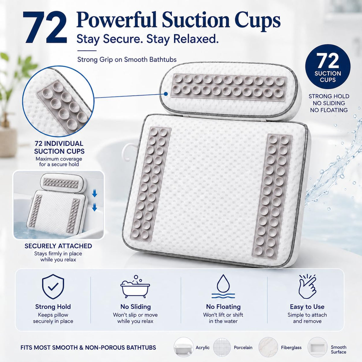 Bath Pillows for Tub, Spa Bath Pillow with 72 Micro-Suction Cup Array, 3D Air Mesh Quick Dry, Machine Washable