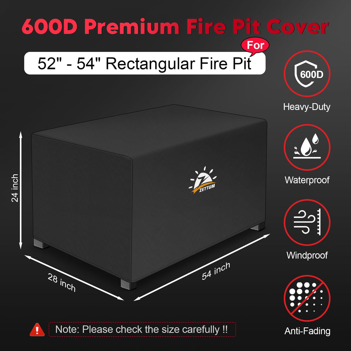 Fire Pit Cover Rectangular 54 Inch - Outdoor Fire Table Cover Rectangle Heavy Duty & Waterproof, 600D Patio Propane
