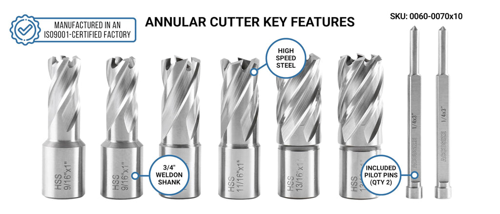 Accusize Industrial Tools Slugger Cutter Set 1" Cutting Depth with 3/4" Weldon Shank, 9/16'', 11/16'', 13/16'' Cutting Diameter, 8 Pcs/Set, 0519-0001