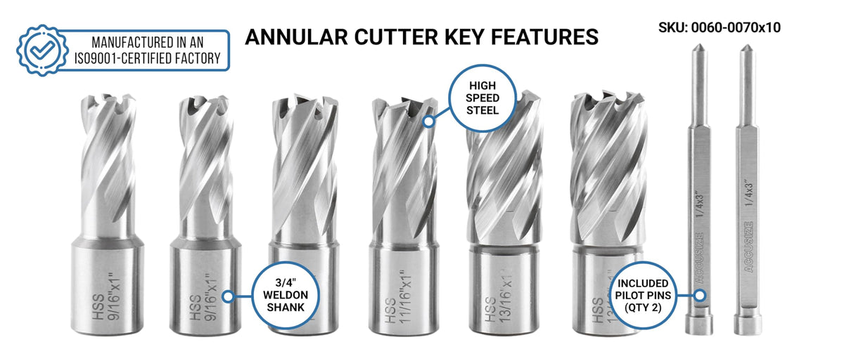 Accusize Industrial Tools Slugger Cutter Set 1" Cutting Depth with 3/4" Weldon Shank, 9/16'', 11/16'', 13/16'' Cutting Diameter, 8 Pcs/Set, 0519-0001