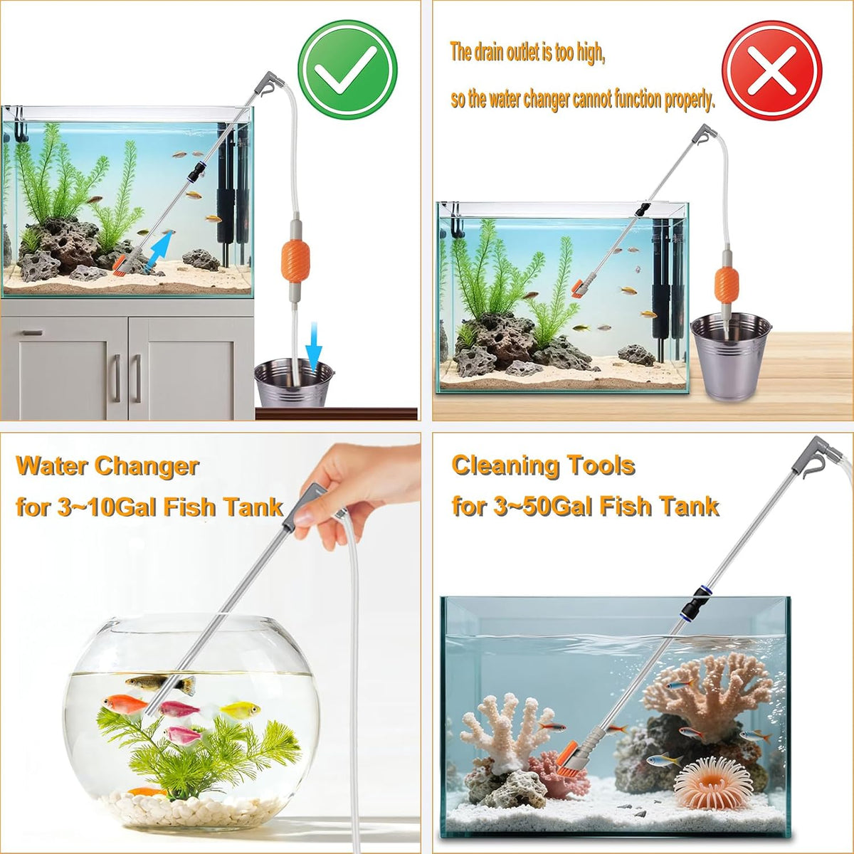 Compact Aquarium Siphon Vacuum with Brush