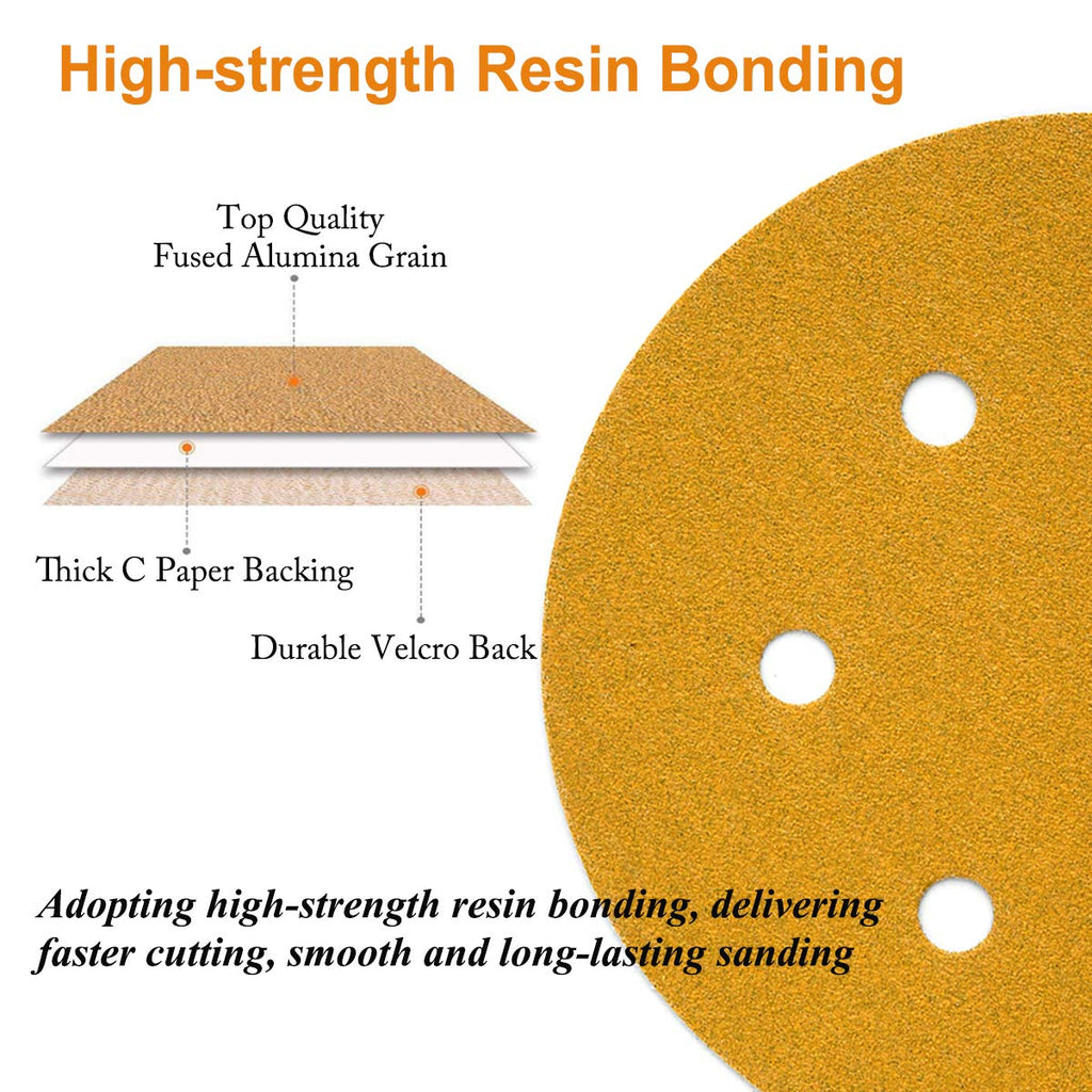 Aiyard 6-Inch 6-Hole Hook and Loop Gold Sanding Discs 150-Grit, 100-Pack