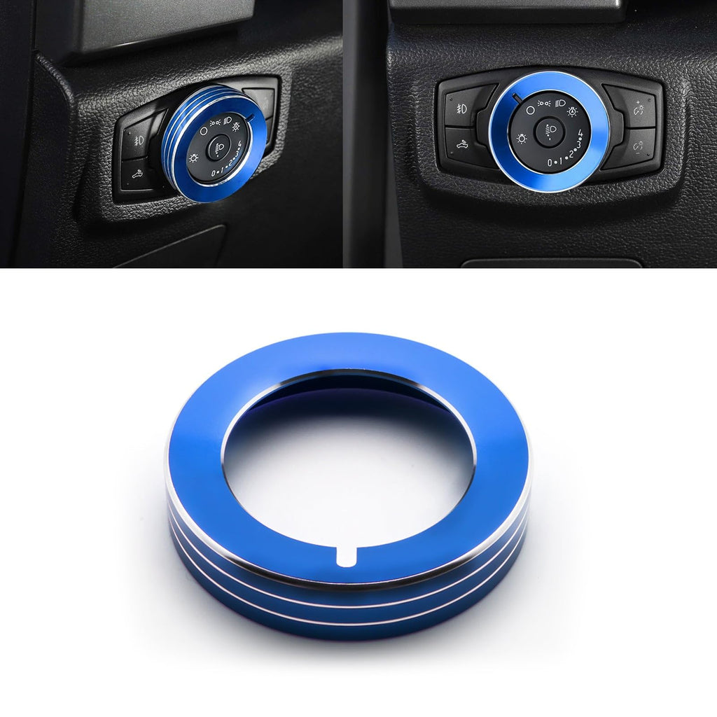 x xotic tech Headlight Fog Light Switch Knob Button Trim Cover Ring, Compatible with Ford Mustang 2015-2023, F-150 2015-2020, Blue Aluminum Interior Accessories