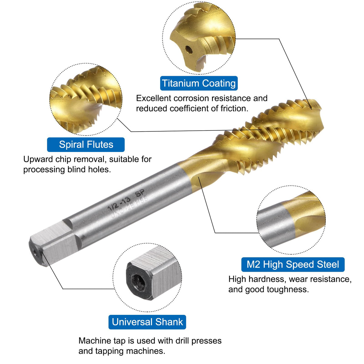 uxcell Spiral Flute Thread Taps, 1/2-13 UNC 2B Screw Threading Tap, Titanium Coated 6542 High Speed Steel Machine Tapping Tools for Machinist Repair
