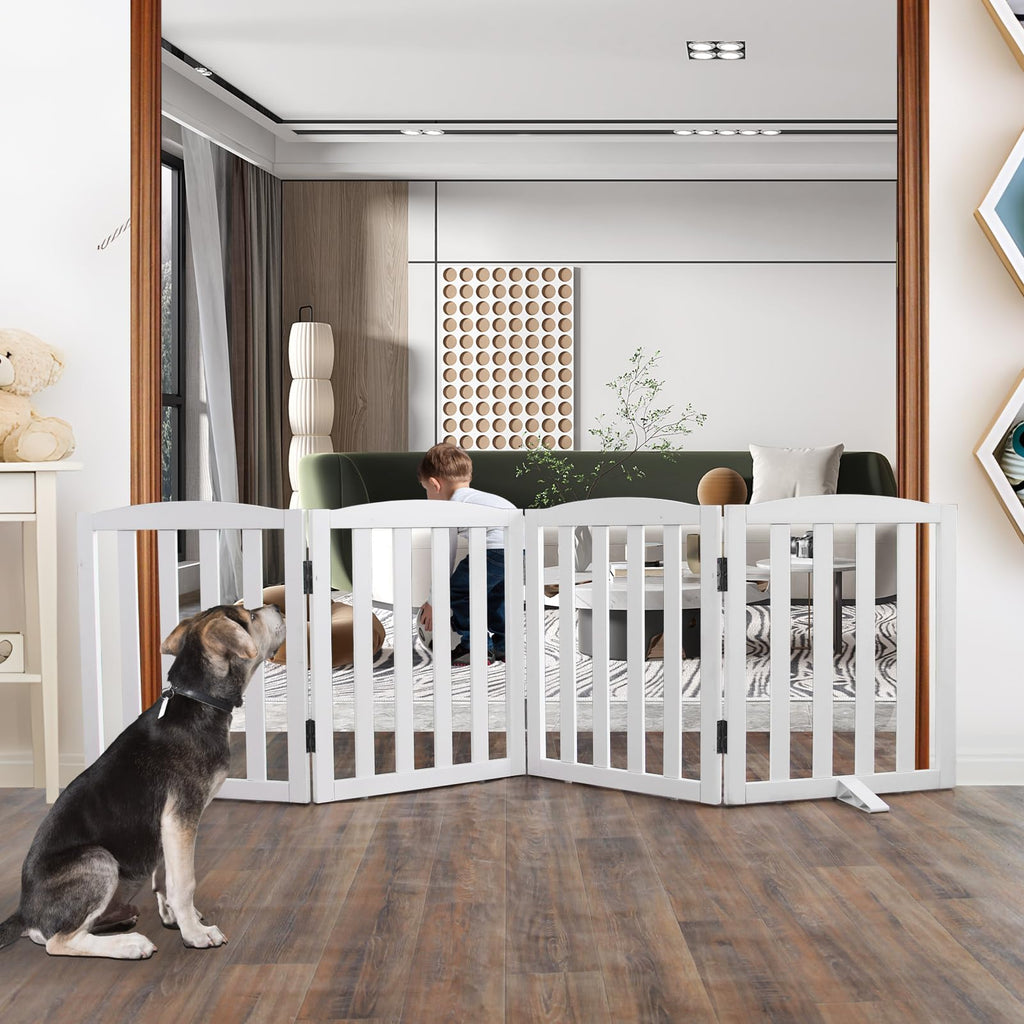 Freestanding Solid Wood Folding Pet & Dog Barrier Gate with Support Feet for Wide Indoor Openings, Hallways & Stairs — White