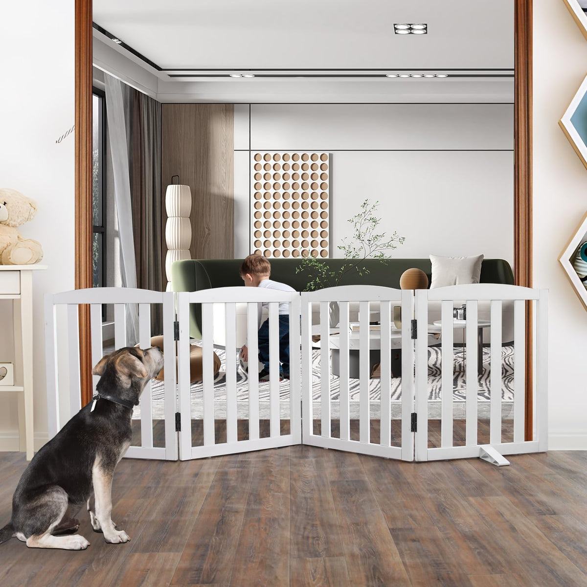 Freestanding Solid Wood Folding Pet & Dog Barrier Gate with Support Feet for Wide Indoor Openings, Hallways & Stairs — White