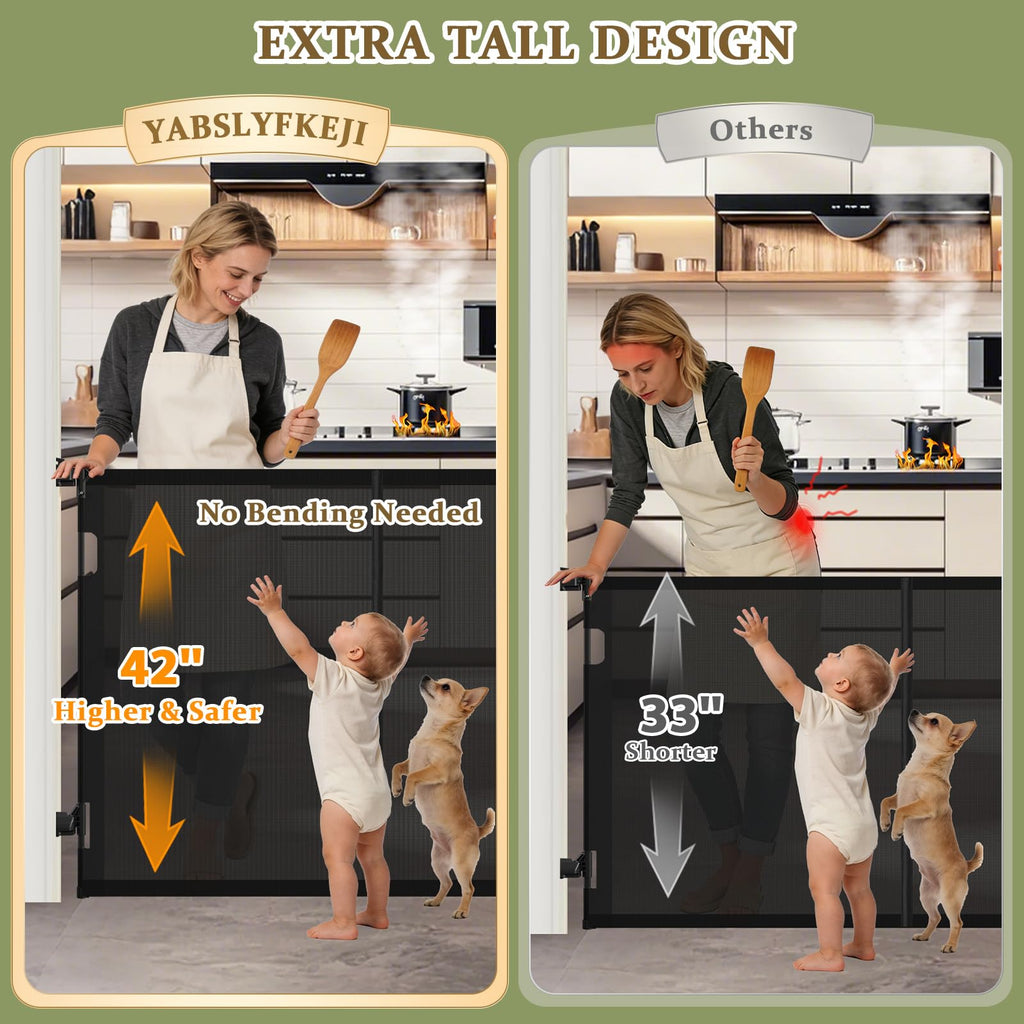 236" x 42" Tall Extra-Wide Retractable Indoor Mesh Pet & Child Safety Gate with One-Hand Safety Lock for Wide Openings, Patios & Stairways