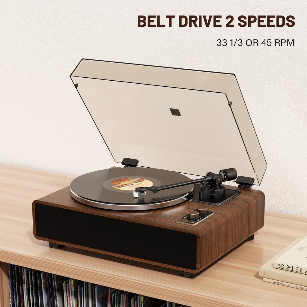 Vinyl Record Player with Magnetic Cartridge and Built-in Speakers | Belt-drive turntable with 33/45 RPM playback