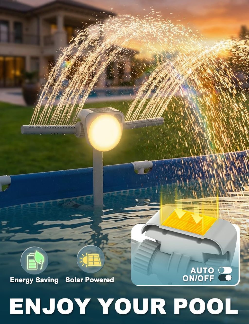 Solar Pool Fountain w/7-Color LED Lights, 2026 Dual-Head Adjustable Spray Pool Fountains for Above & Inground Pools