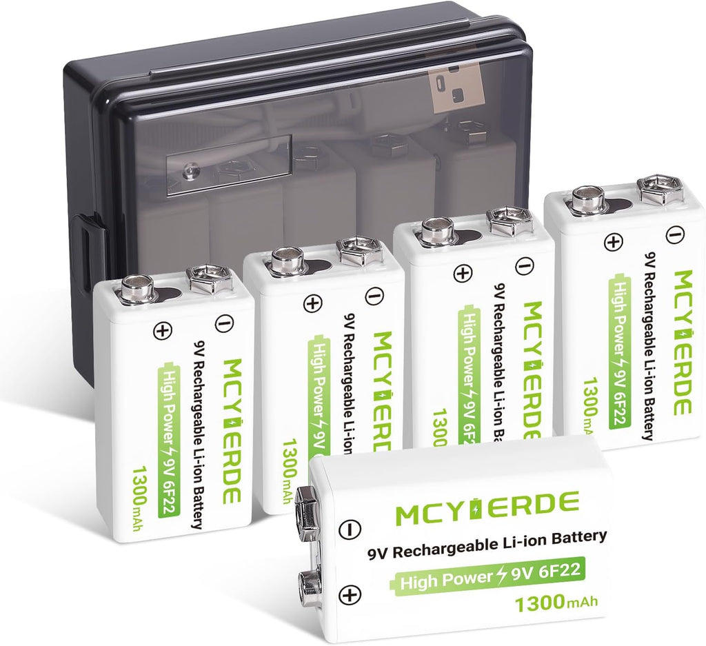 9Volt Lithium Batteries 5 Pack Long-Lasting with USB-C Cable | 9V battery for Smoke Detector Radios,Fire