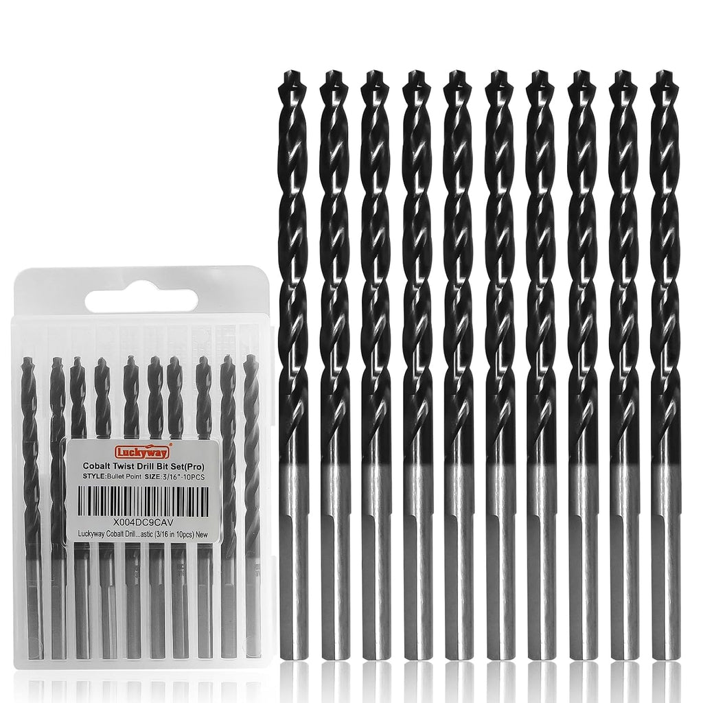 Luckyway 3/16" M35 Cobalt Drill Bits Titanium Aluminum Nitride Coated (TiAlN) with Bullet Point Tip Perfect for Steel, Hard Metal, Cast Iron 10-Piece