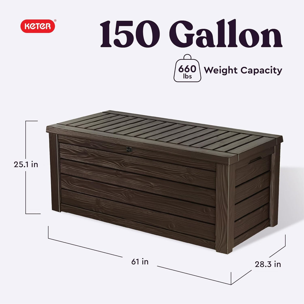 Westwood 150 Gal Outdoor Storage Box for Patio and Pool Accessories | Brown, Resin, Large, Weatherproof, Lockable