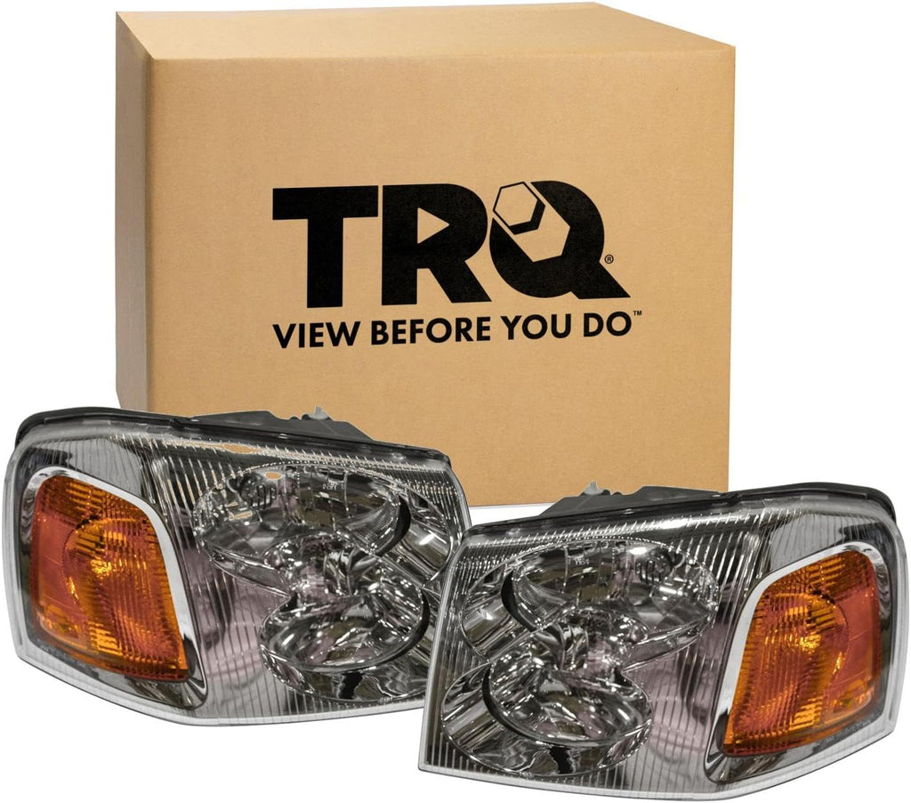 TRQ Driver and Passenger Side Headlight Assembly Set Chrome Housing