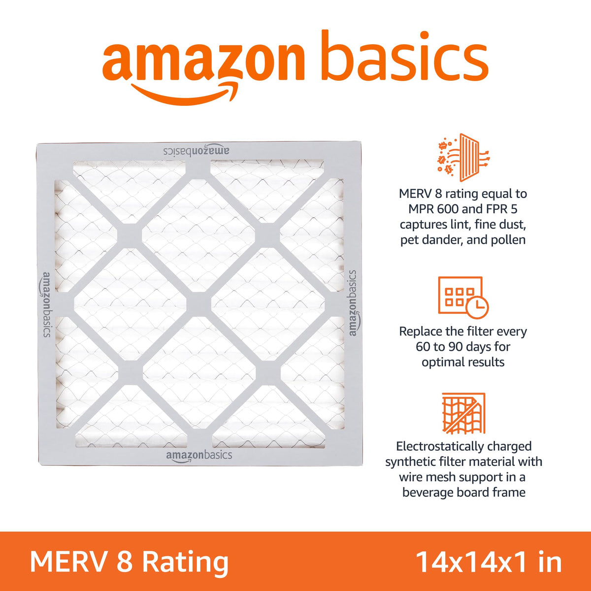 14x14x1 Air Filter, MERV 8 AC Furnace Filters, Allergen Control , Electrostatic, Air Cleaning, 6-Pack (Actual Size: