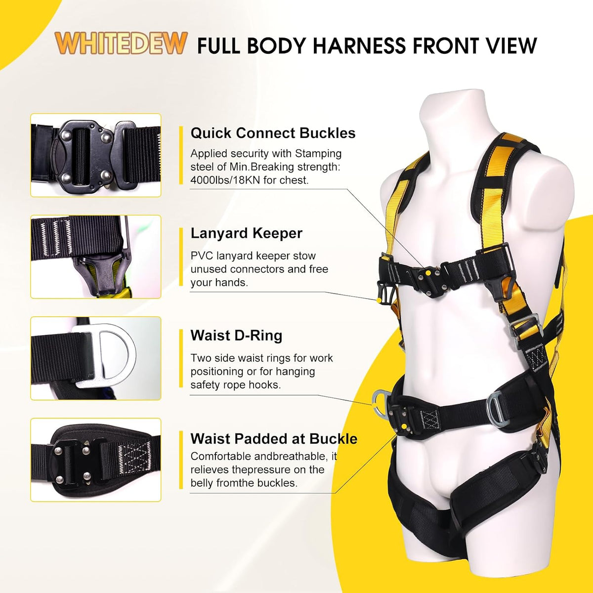 Fall Protection Premium Safety Harness with Shock Absorbing Lanyard, Vented & Padded Shoulder, Legs & Back - Upgrade
