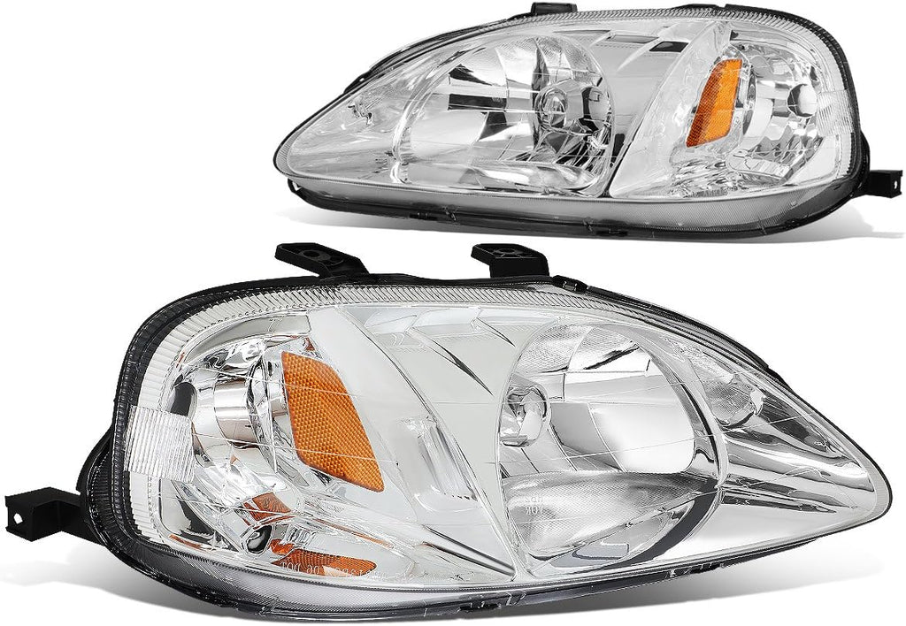 DNA MOTORING Pair Headlight Assembly Compatible With 99-00 Honda Civic, Chrome/Amber, HL-OH-HC99-CH-AM