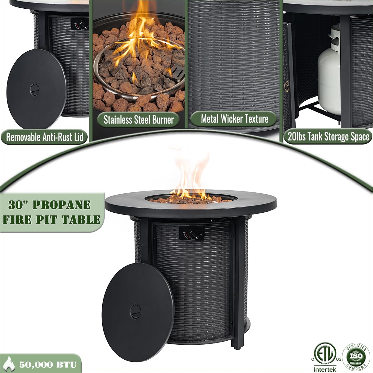 30 Inch Propane Fire Pit Table, Round Outdoor 50000 BTU, Steel, Black