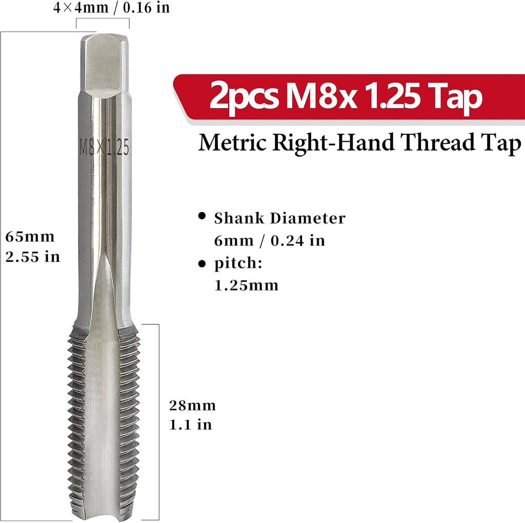 2Pcs M8x1.25 Metric Right-Hand Thread Tapping Tool, Hand Taper & Plug Tap