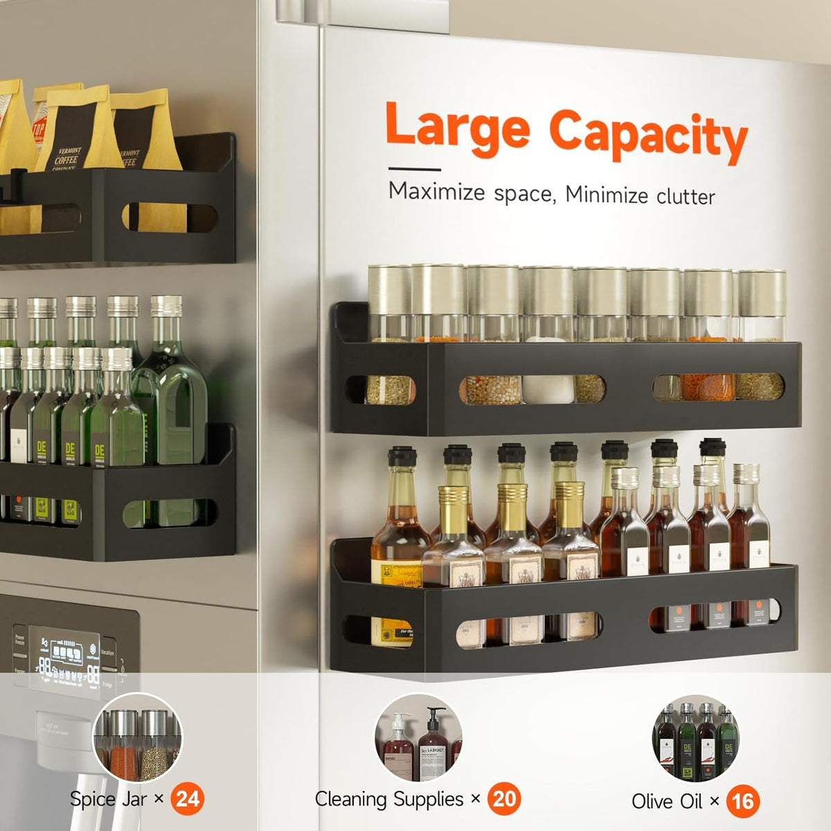 4 Pack Strong Magnetic Spice Rack for Refrigerator, Multipurpose Magnetic Shelf for Fridge with 4 Hooks for Kitchen