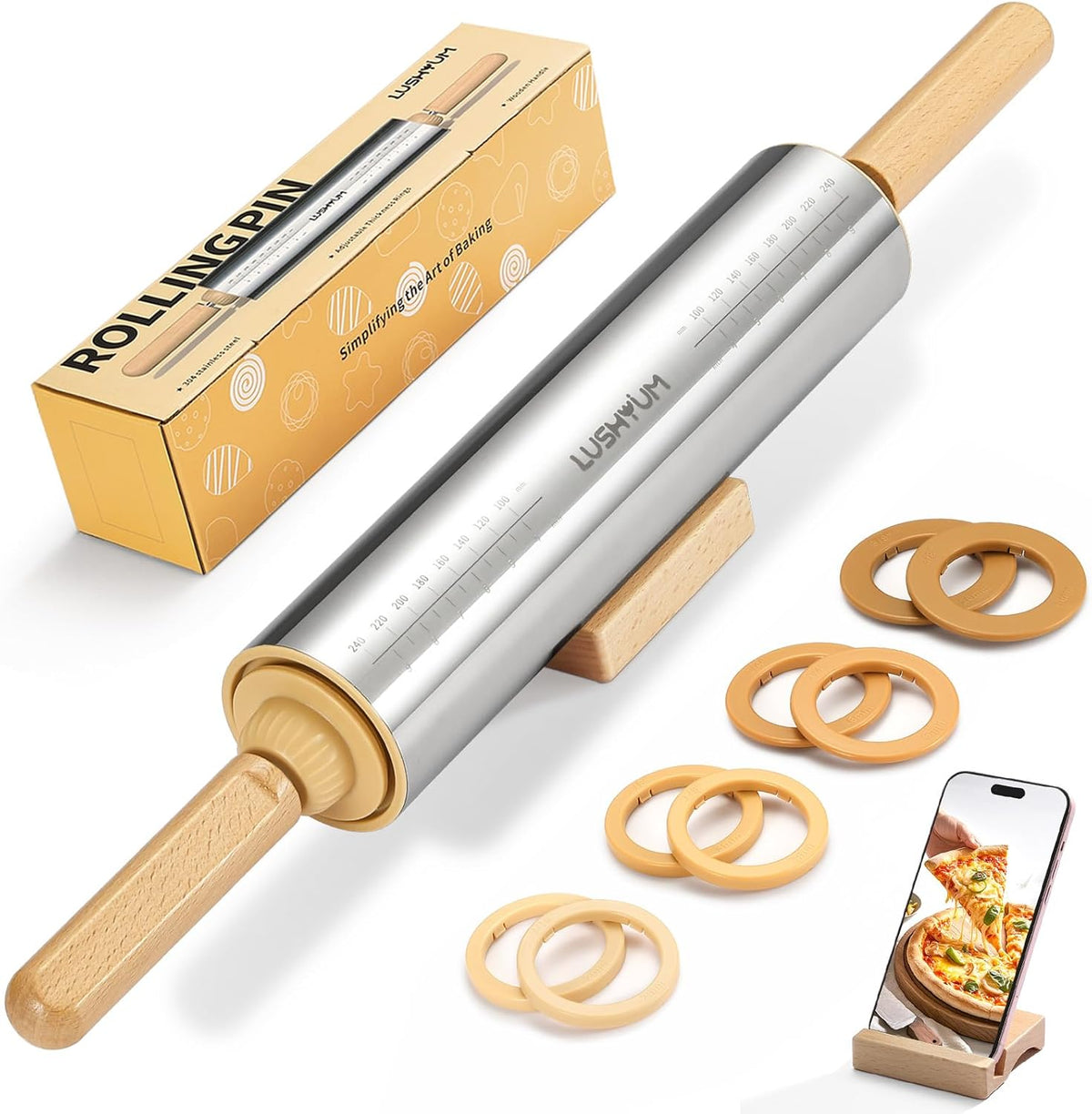 304 Stainless Steel Adjustable Rolling Pin with Thickness Rings
