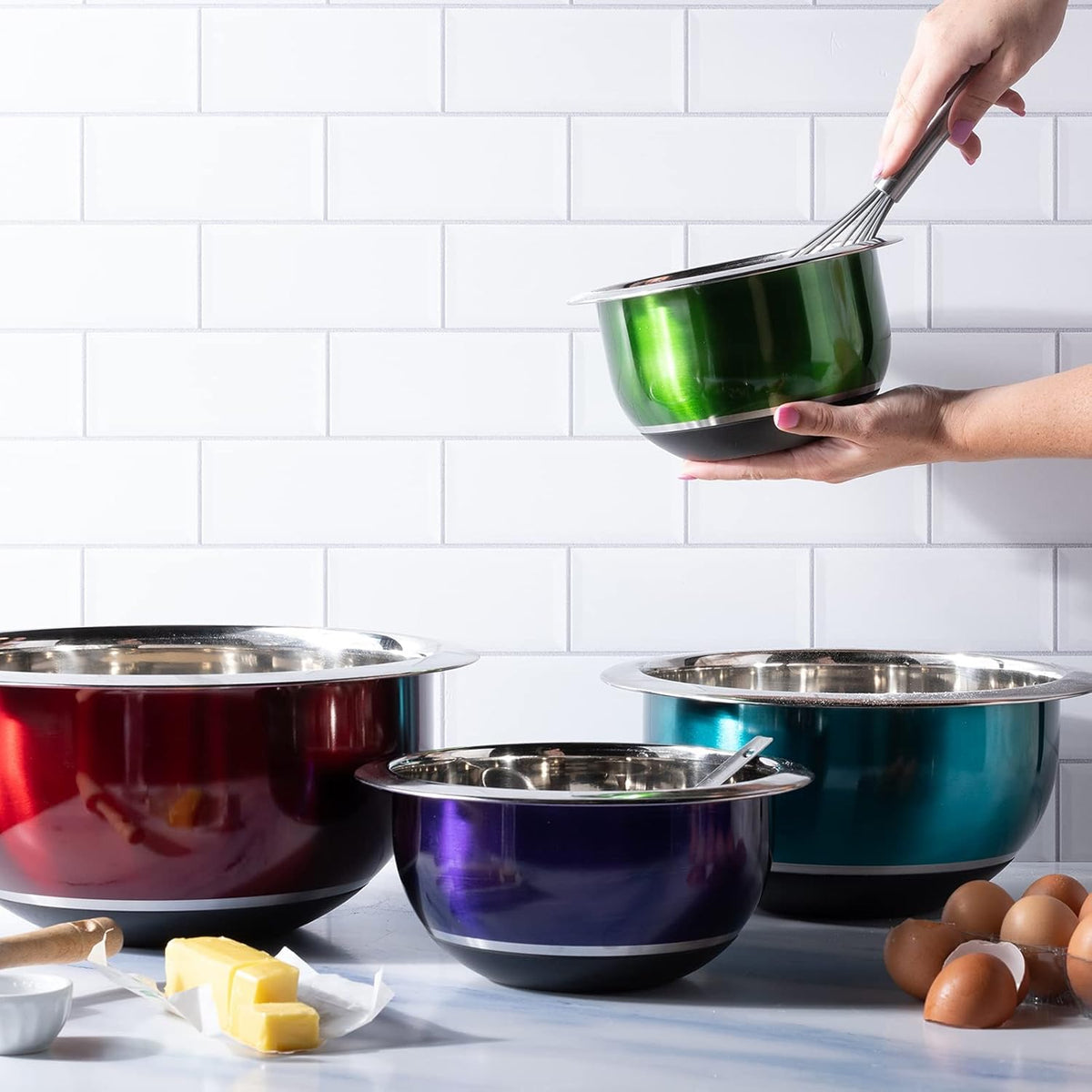 Colorful Mixing Bowl- 4 Pc Set- Stackable Nesting Bowls- Stainless Steel Mixing Bowls Non Slip Silicone Bottom