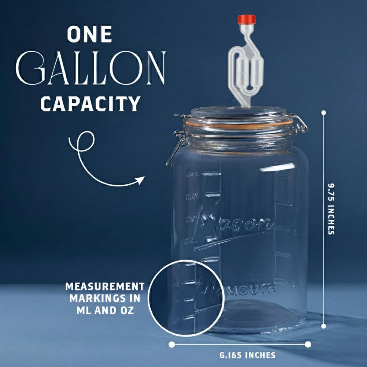 1-Gallon Mason Glass Fermenting Jar with Airlock Lid – Wide Mouth with Ounce & Milliliter Markings for Mead