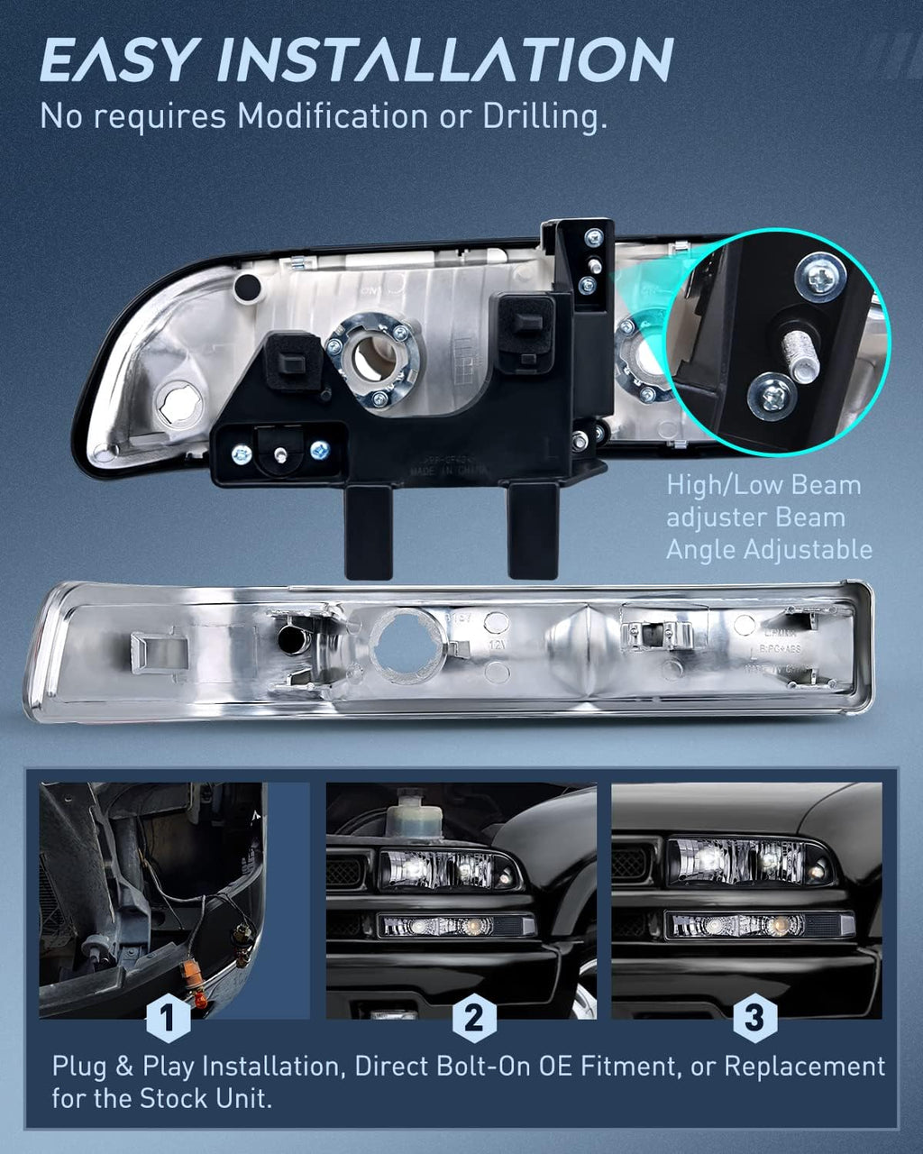 Nilight Headlight Assembly for 1998 1999 2000 2001 2002 2003 2004 2005 Chevy Blazer Headlights 1998-2004 Chevrolet S10 Pickup Replacement Headlamp Housing Bumper Lights