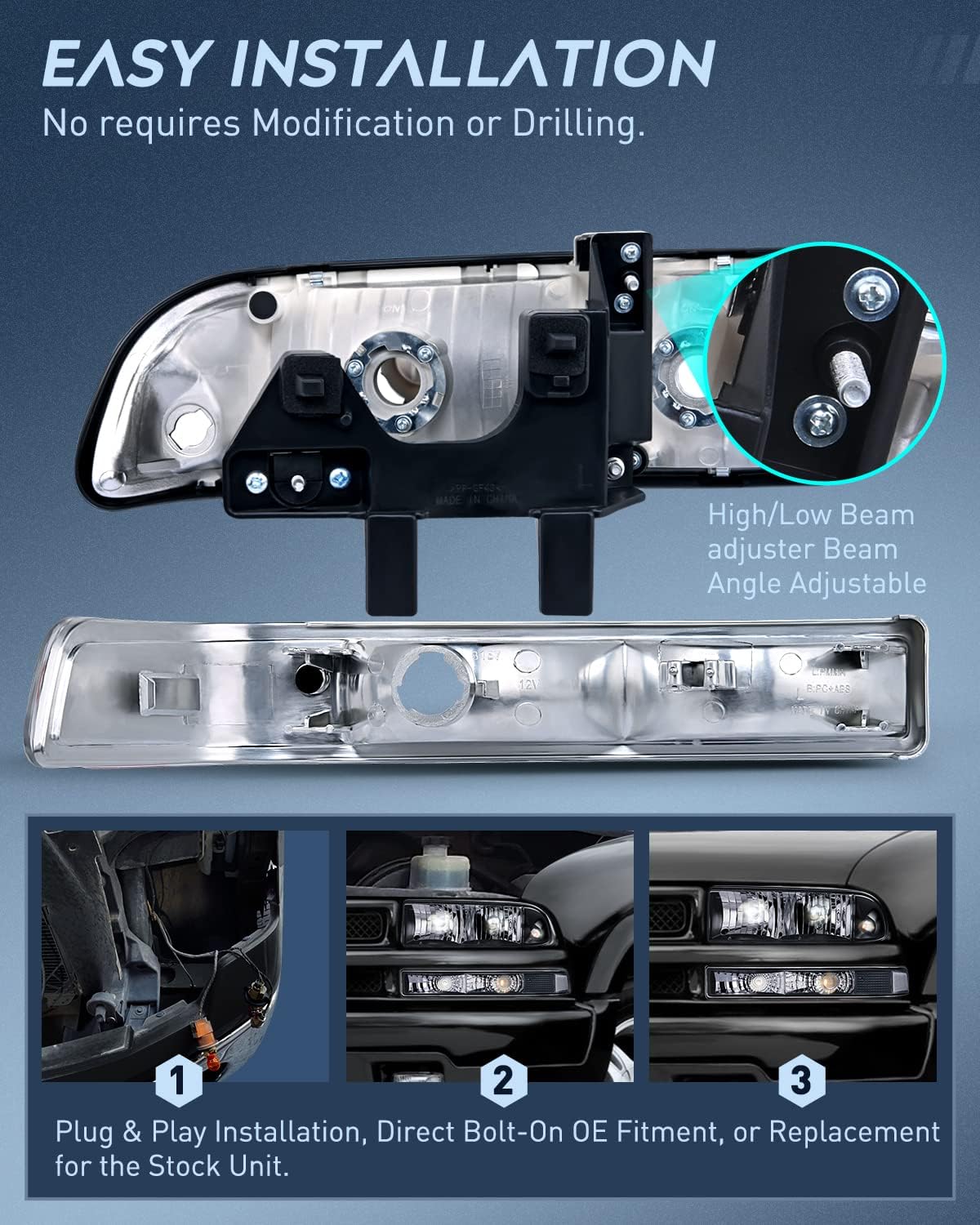 Nilight Headlight Assembly for 1998 1999 2000 2001 2002 2003 2004 2005 Chevy Blazer Headlights 1998-2004 Chevrolet S10 Pickup Replacement Headlamp Housing Bumper Lights