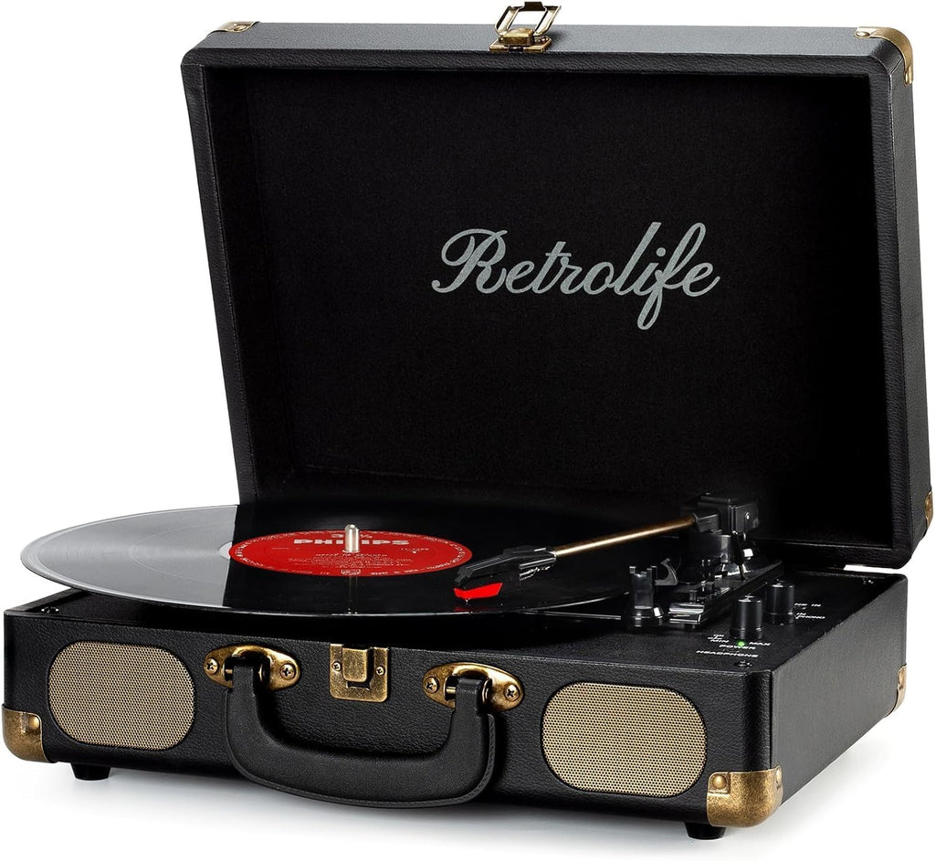 Vinyl Record Player with Speakers, Bluetooth Vinyl Player-Black | Portable, 3-Speed BT Turntable, Belt-Driven, RCA