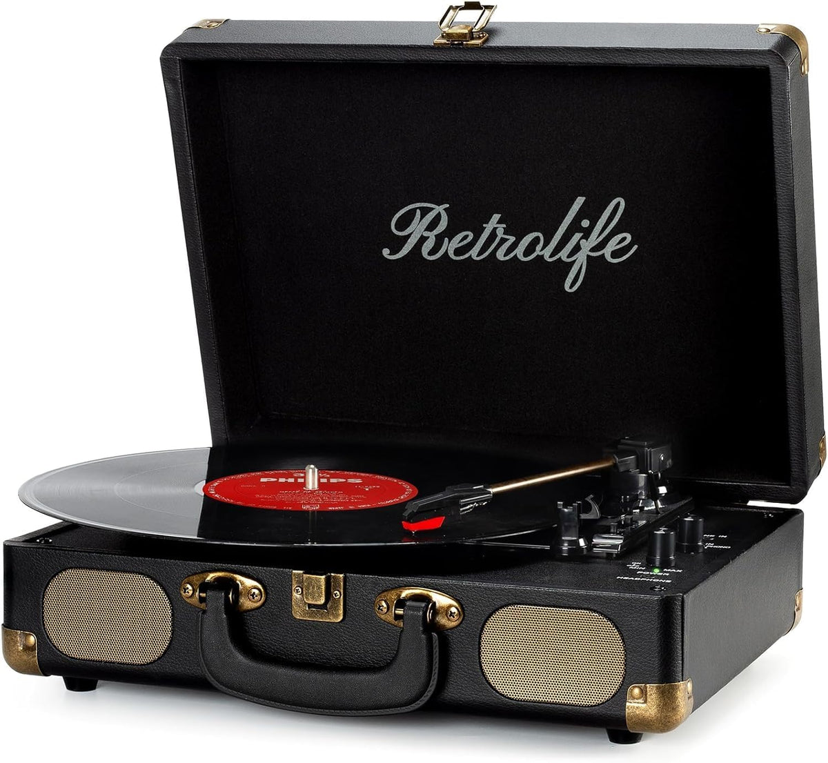 Vinyl Record Player with Speakers, Bluetooth Vinyl Player-Black | Portable, 3-Speed BT Turntable, Belt-Driven, RCA