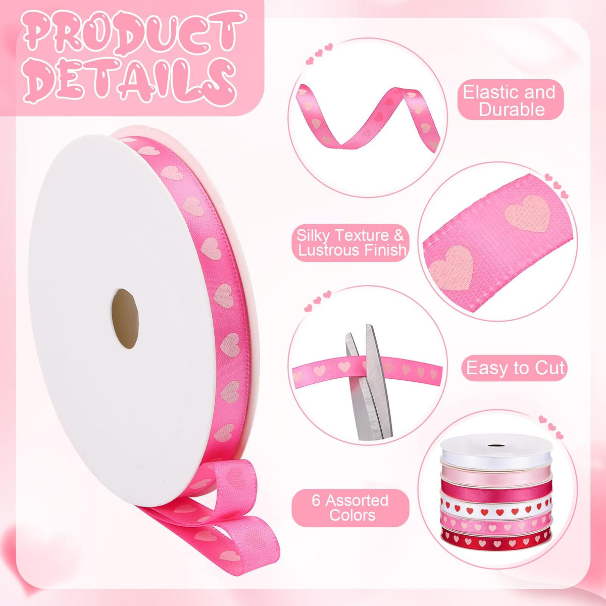 6 Rolls Valentine’s Day Ribbons 3/8 Inch Pink Satin Ribbon Total 60 Yards