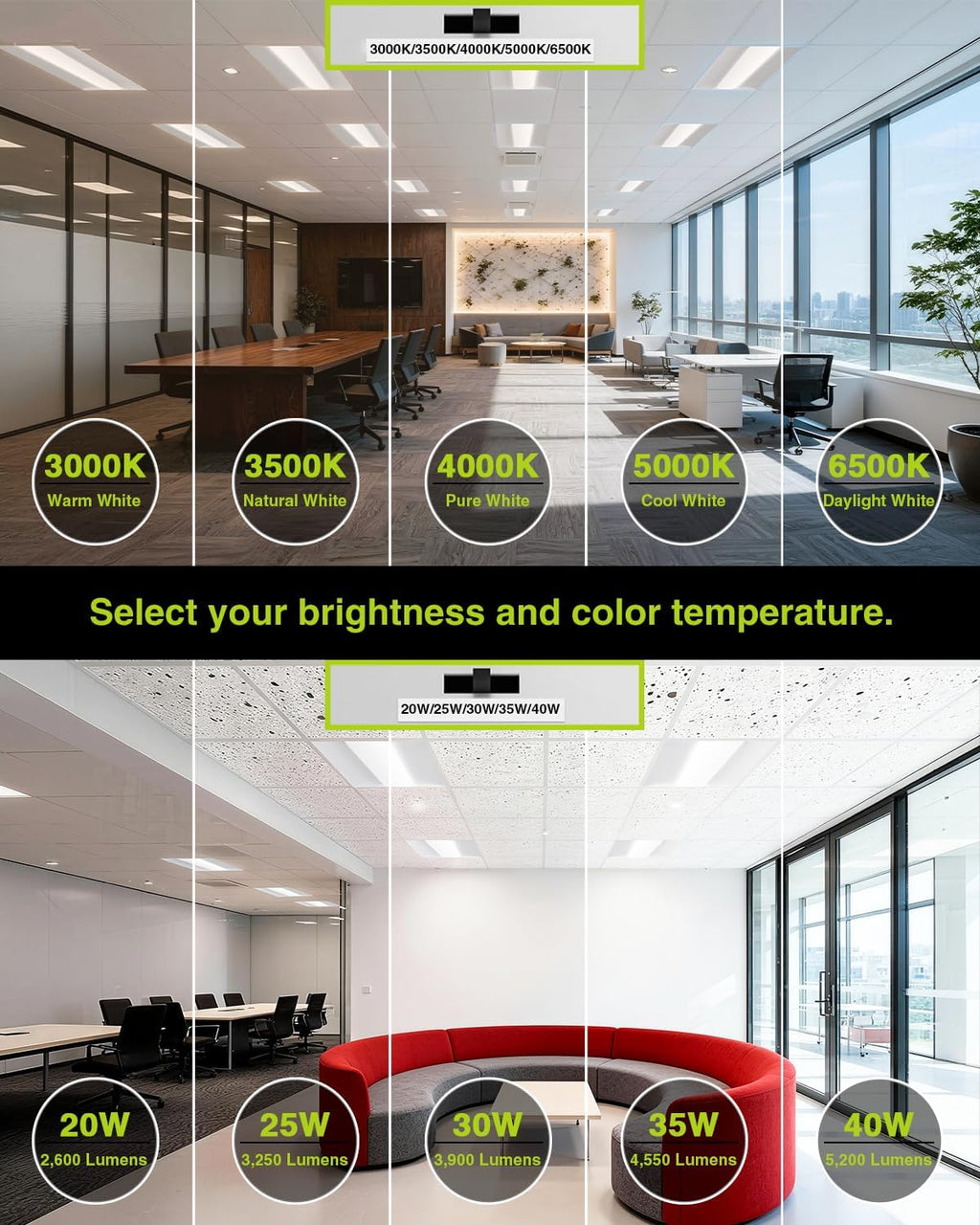 YXL 2x2 LED Troffer Light, 5CCT Switch LED Drop in Ceiling Light for Dropped Ceiling,5400/4725/4050/3375/2700 Adjustable Lumens, 6500K/5000K/4000K/3500K/3000K Color Temperature, Dimmable 0-10V,ETL