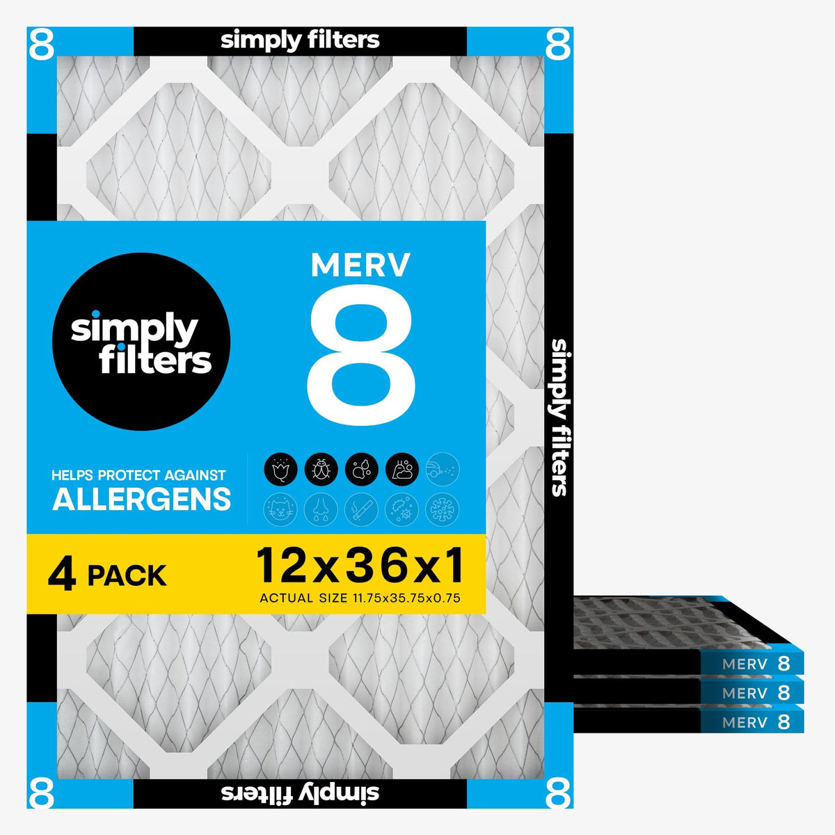 12x36x1 Air Filter, Merv 8, 4 Pack, For Home AC Furnace & HVAC (Actual Size: 11.75"x35.75"x0.75") DUST, Pet, &
