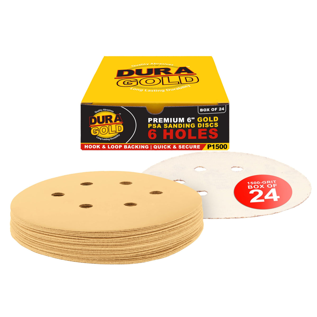 Dura-Gold 6" Gold Sanding Discs, 1500 Grit, Box of 24, 6 Hole Pattern H & L