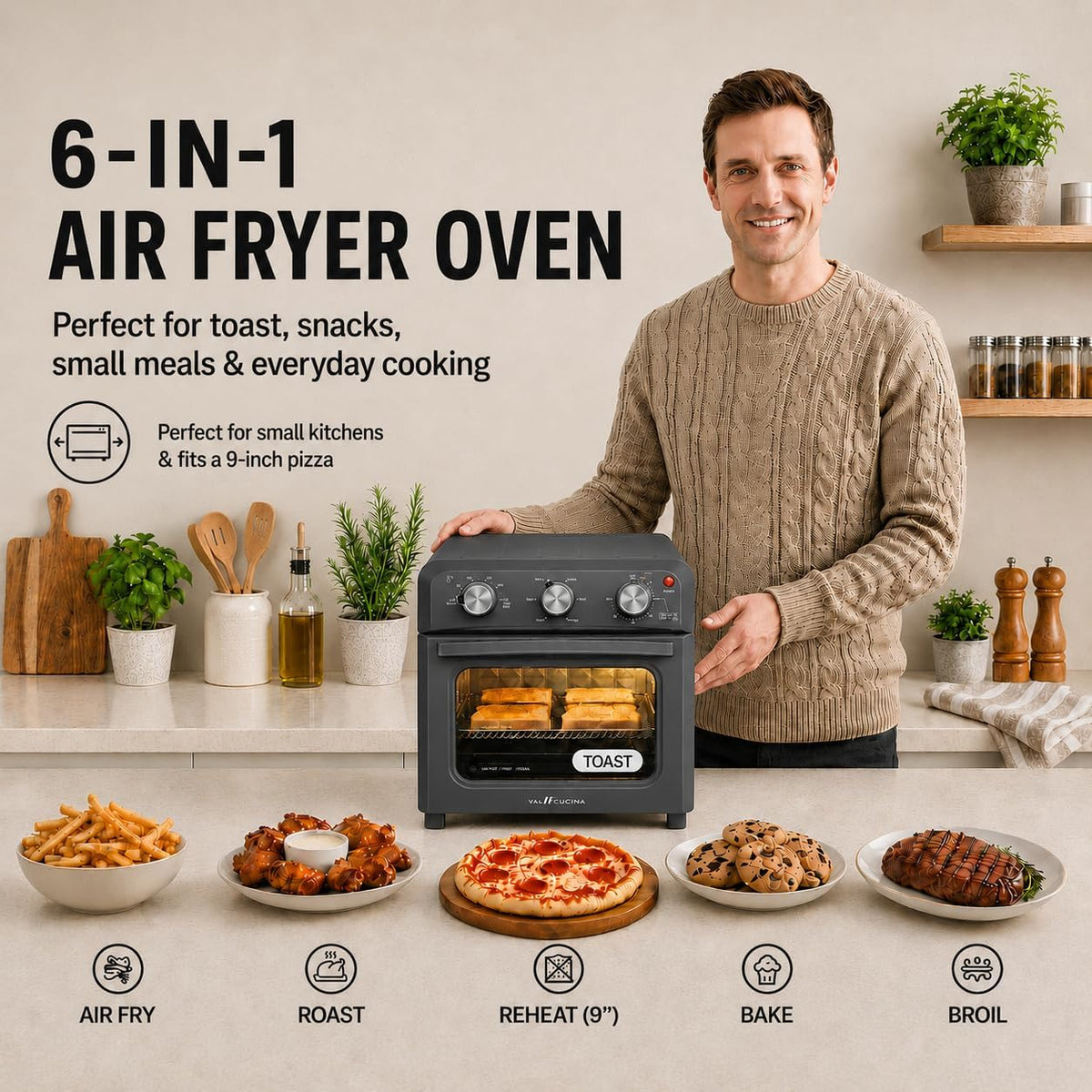 6-in-1 Retro Air Fryer Toaster Oven Combo, Compact 12.7 QT Small Countertop Convection Oven, Fits 9" Pizza & 4 Toast