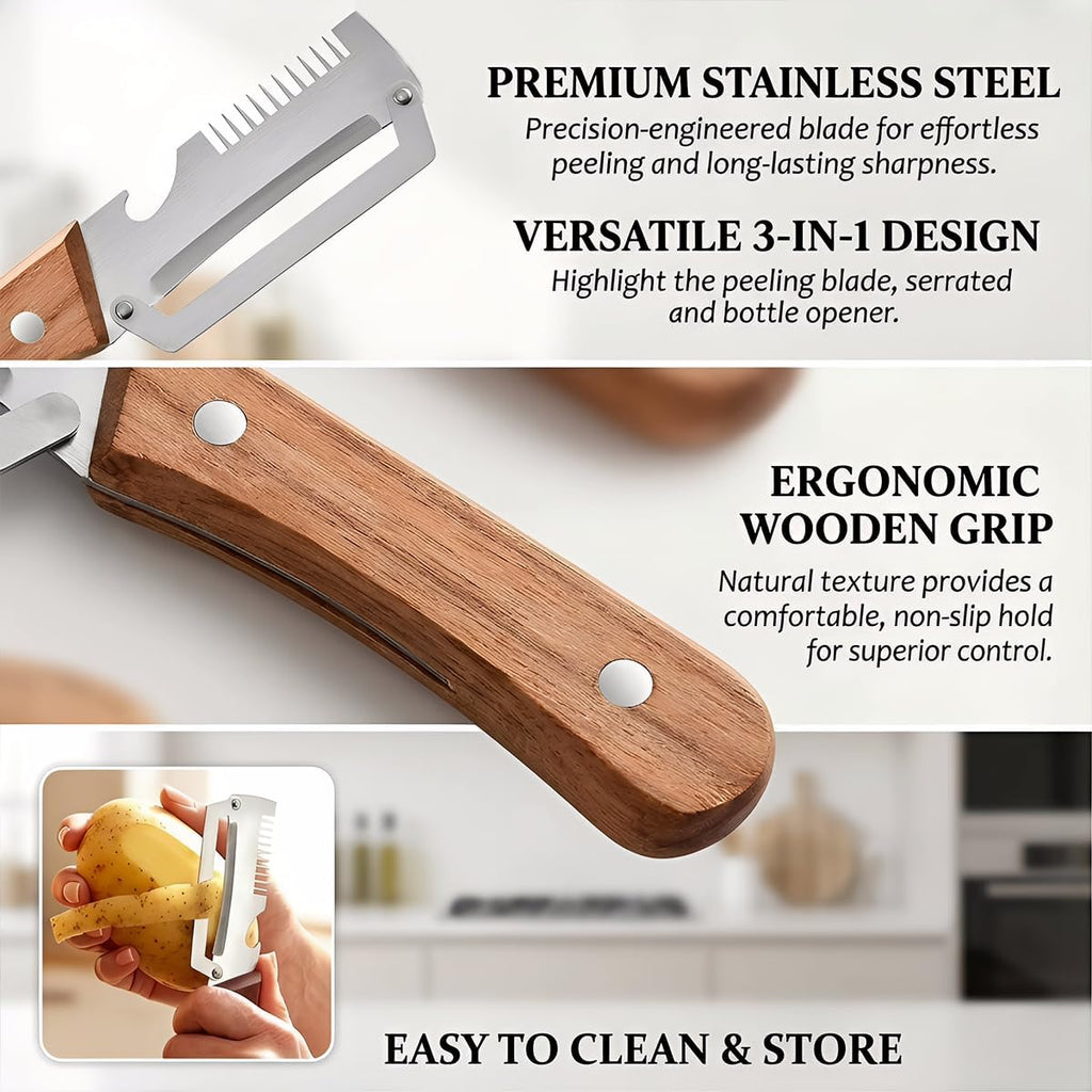 Vegetable Peeler for Kitchen – Multifunctional Stainless Steel Peeler with Wooden Handle & Bottle Opener, Durable for