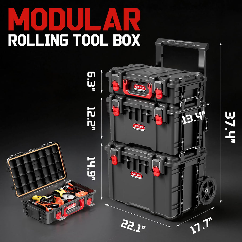 3-Piece Rolling Modular Tool Box System with Large Rolling Tool Box & Small Parts Organizer for Garage Storage, DIY
