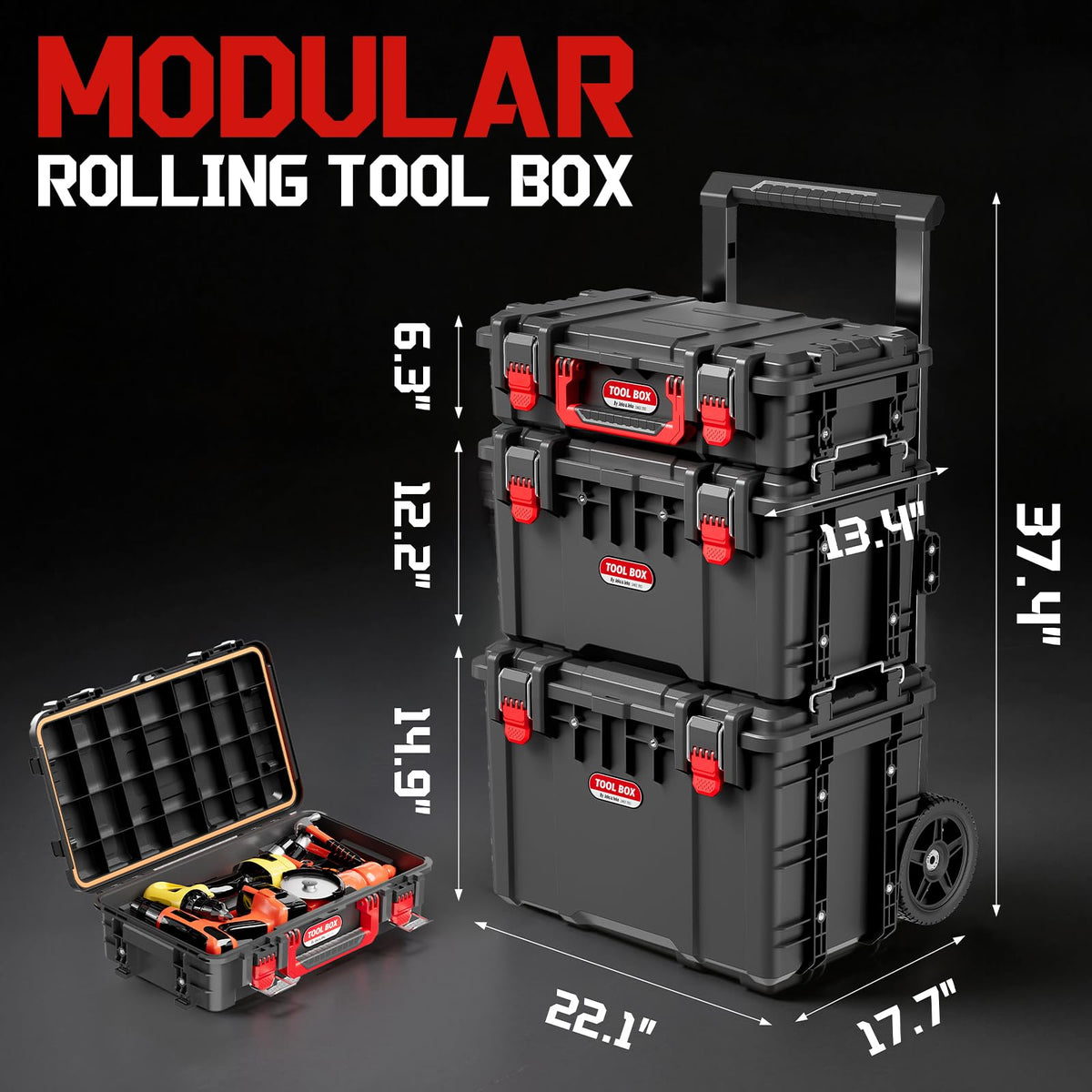 3-Piece Rolling Modular Tool Box System with Large Rolling Tool Box & Small Parts Organizer for Garage Storage, DIY