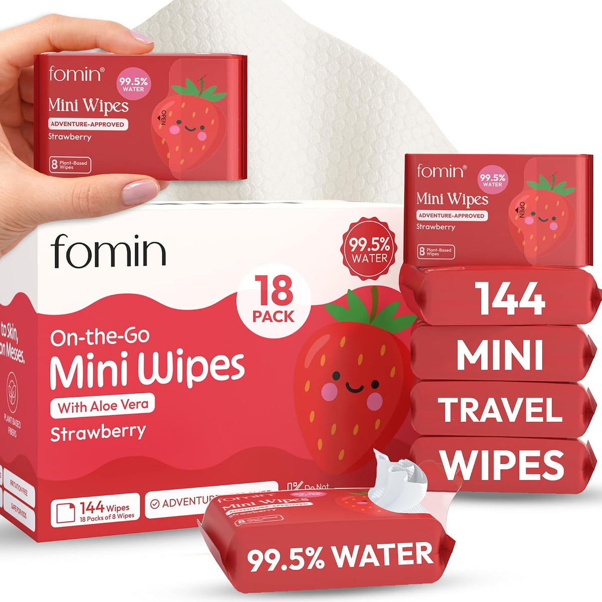 Mini Water Wipes - Strawberry - 144 Count Travel Size Pack