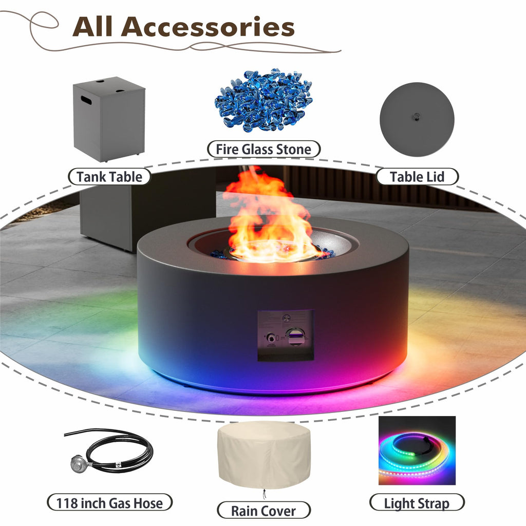 30" Round Outdoor Propane Fire Pit Table with LED for Outside Patio