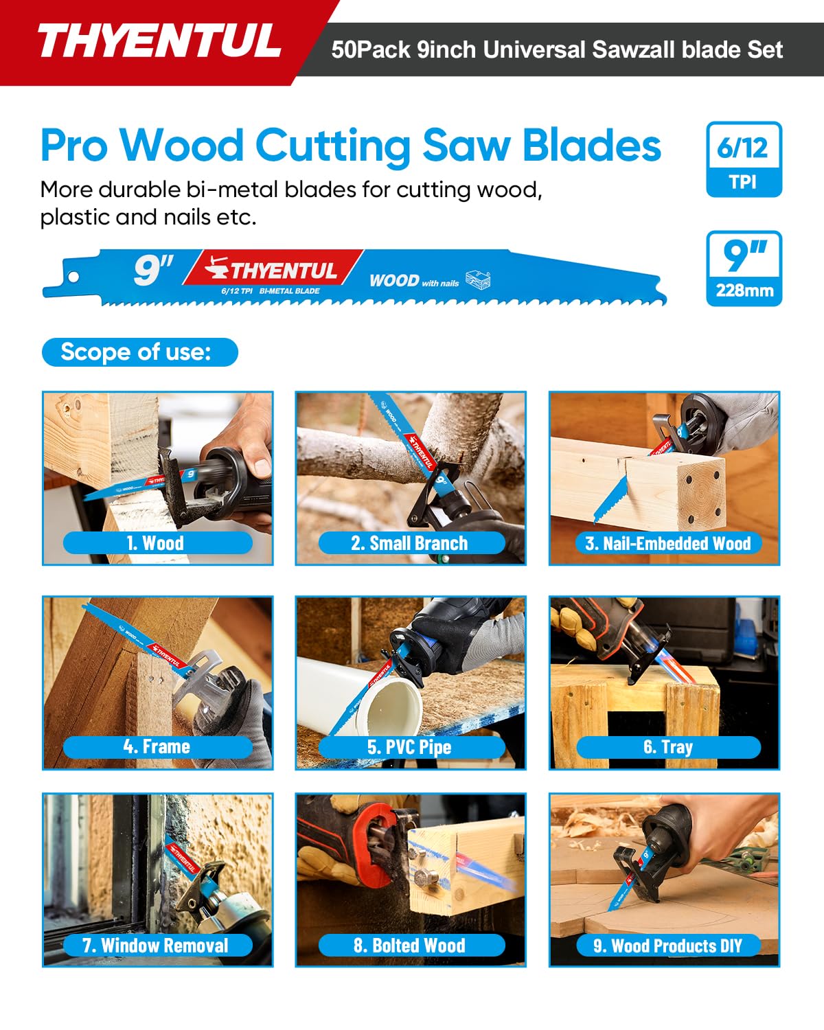 50 Pack 9 Inch Reciprocating Saw Blades, 6/12 & 14/18 TPI Bi-Metal Sawzall Blades for Wood, Nail-Embedded Wood & Metal Cutting