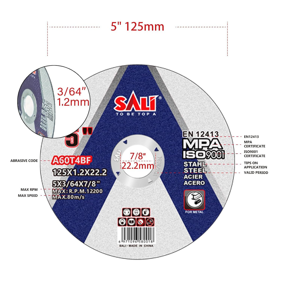 SALI 25 Pack Cut Off Wheel 5 Inch General Purpose Metal Cutting Wheel for 5" Grinders- Cutting Disc Aggressive Cutting 5" x 3/64" x 7/8" Operating Up to RPM 12200 and 80 M/S