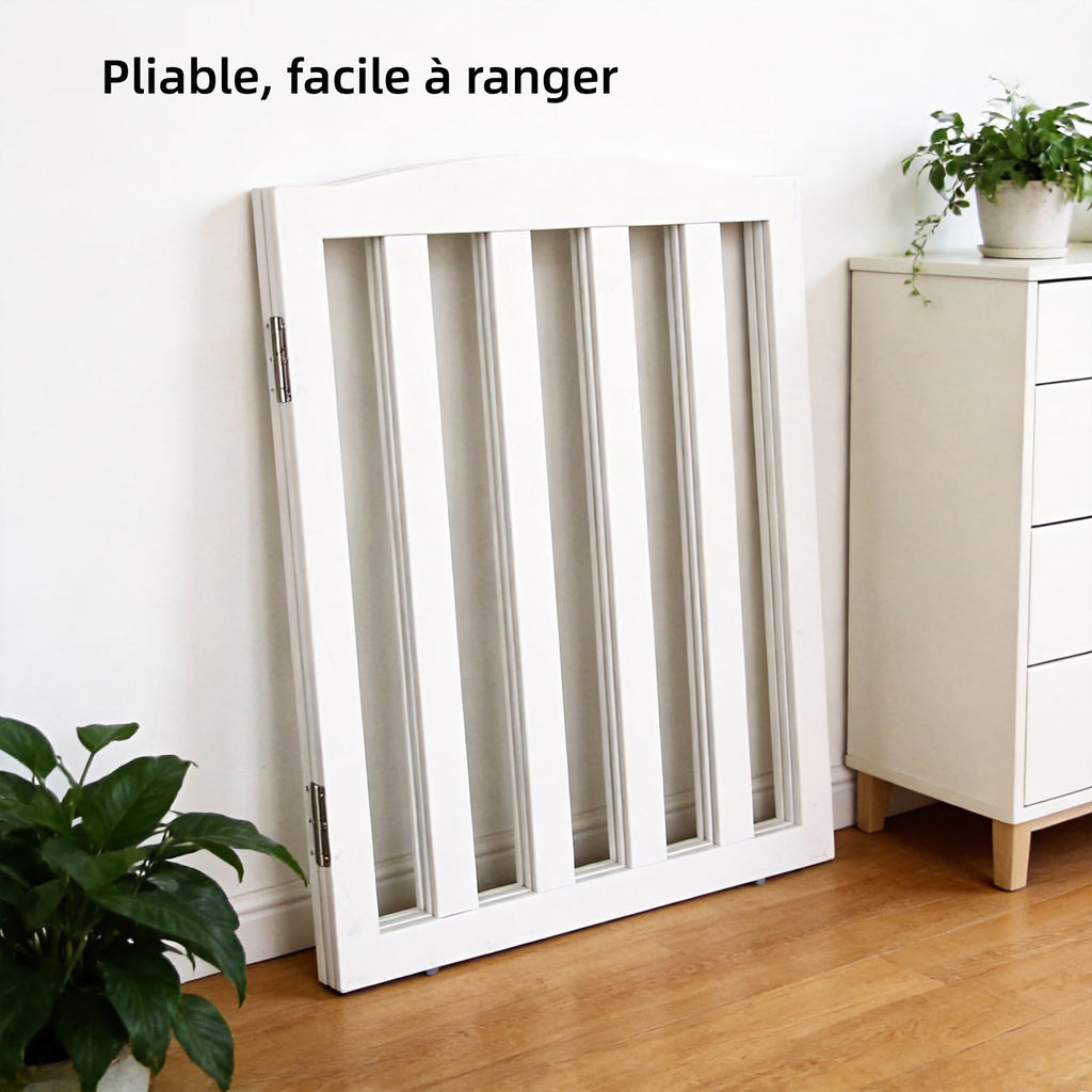 Freestanding Solid Wood Folding Pet & Dog Barrier Gate with Support Feet for Wide Indoor Openings, Hallways & Stairs — White