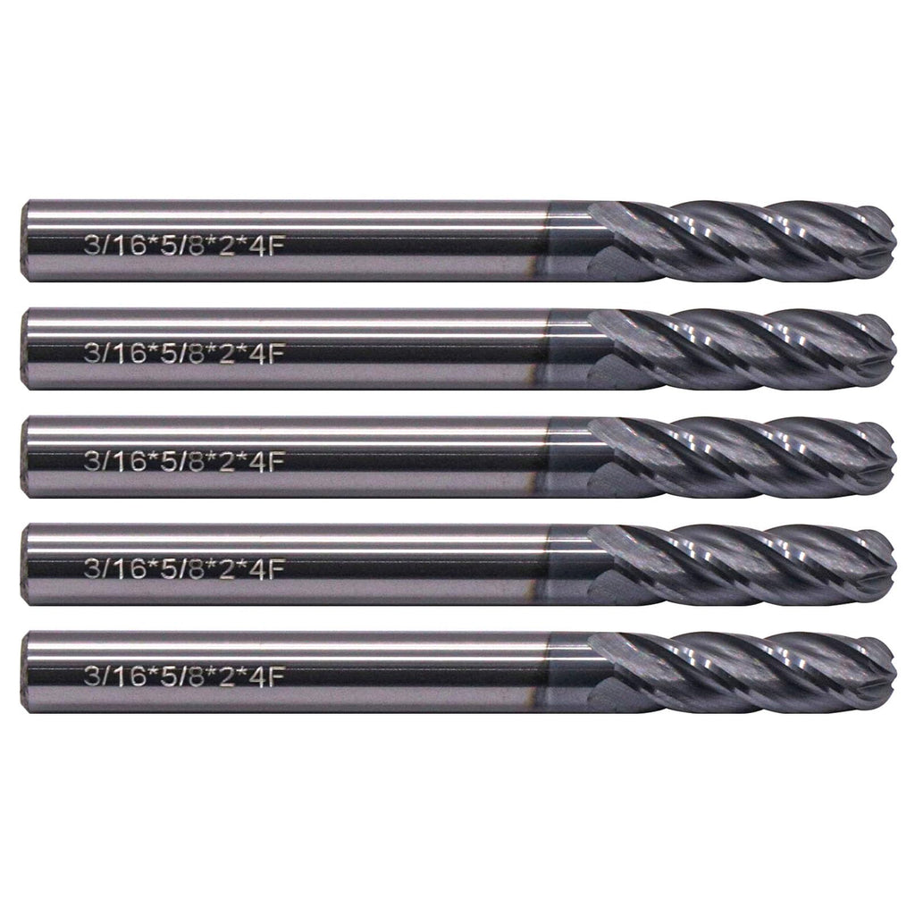 4 Flute Solid Carbide Ball Nose End Mill Set(5Pcs, 3/16"), AlTiN Coated