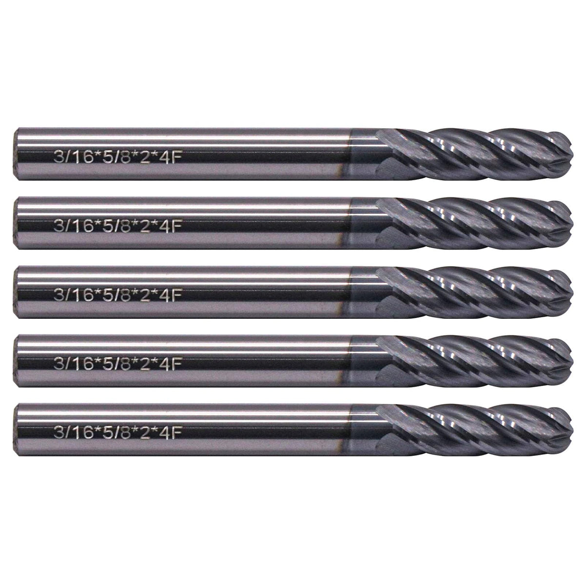 4 Flute Solid Carbide Ball Nose End Mill Set(5Pcs, 3/16"), AlTiN Coated