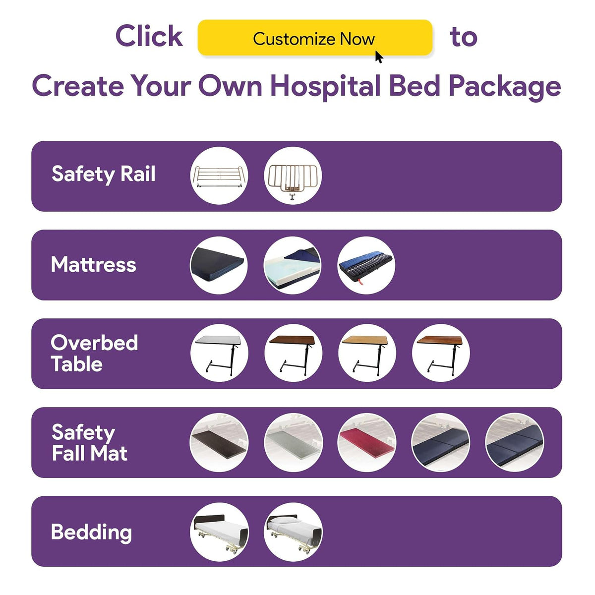 Full Electric Hospital Bed for Home Use with Customizable Package - 450 lbs, Height Adjustable 15"-23", 36 x 80"