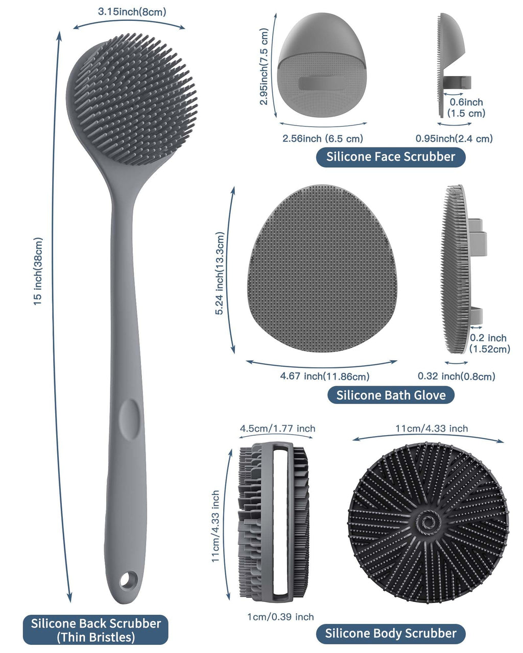 Silicone Body Scrubber Shower Brush Set Thin Bristles Gray