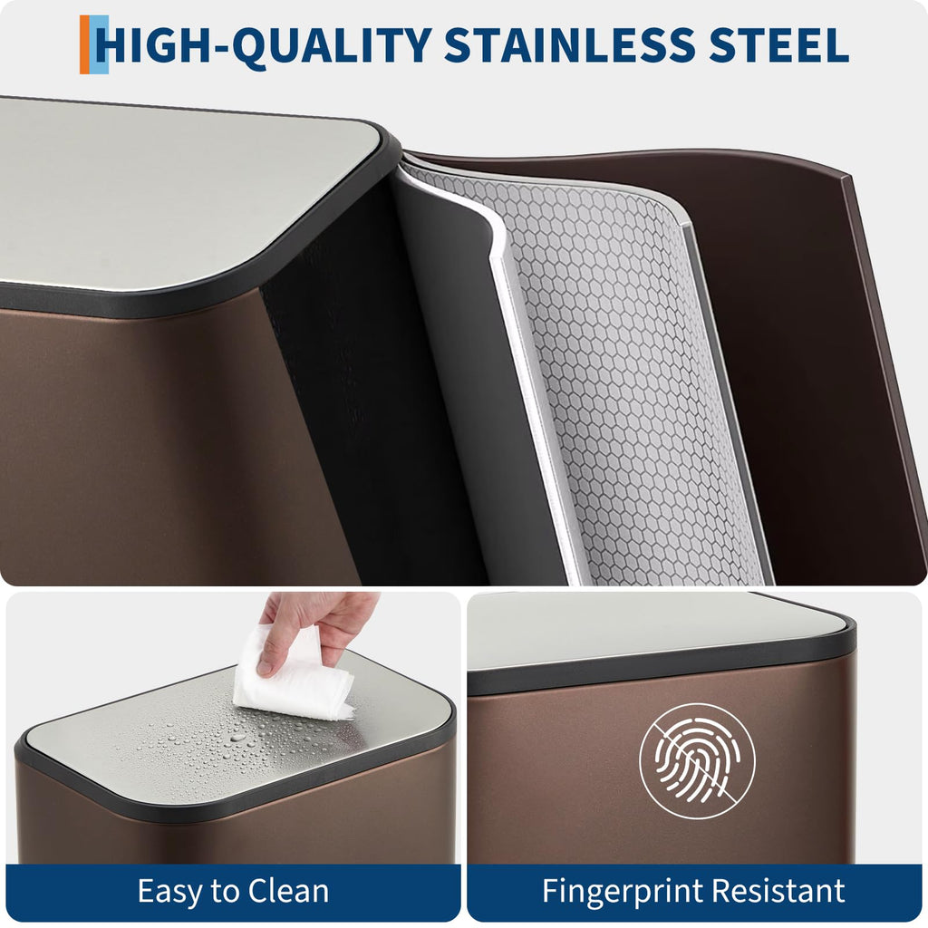 8 Gallon Brown Stainless Steel Kitchen Trash Can - Rectangular Foot Pedal Garbage Bin with Soft-Close Lid & Removable